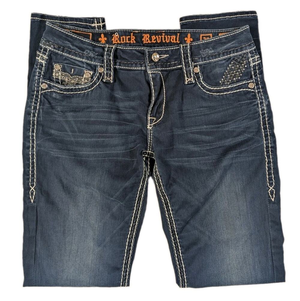 Rock Revival Sherry Skinny Jeans Womens 28 Dark Wash Rhinestone Flap Pocket